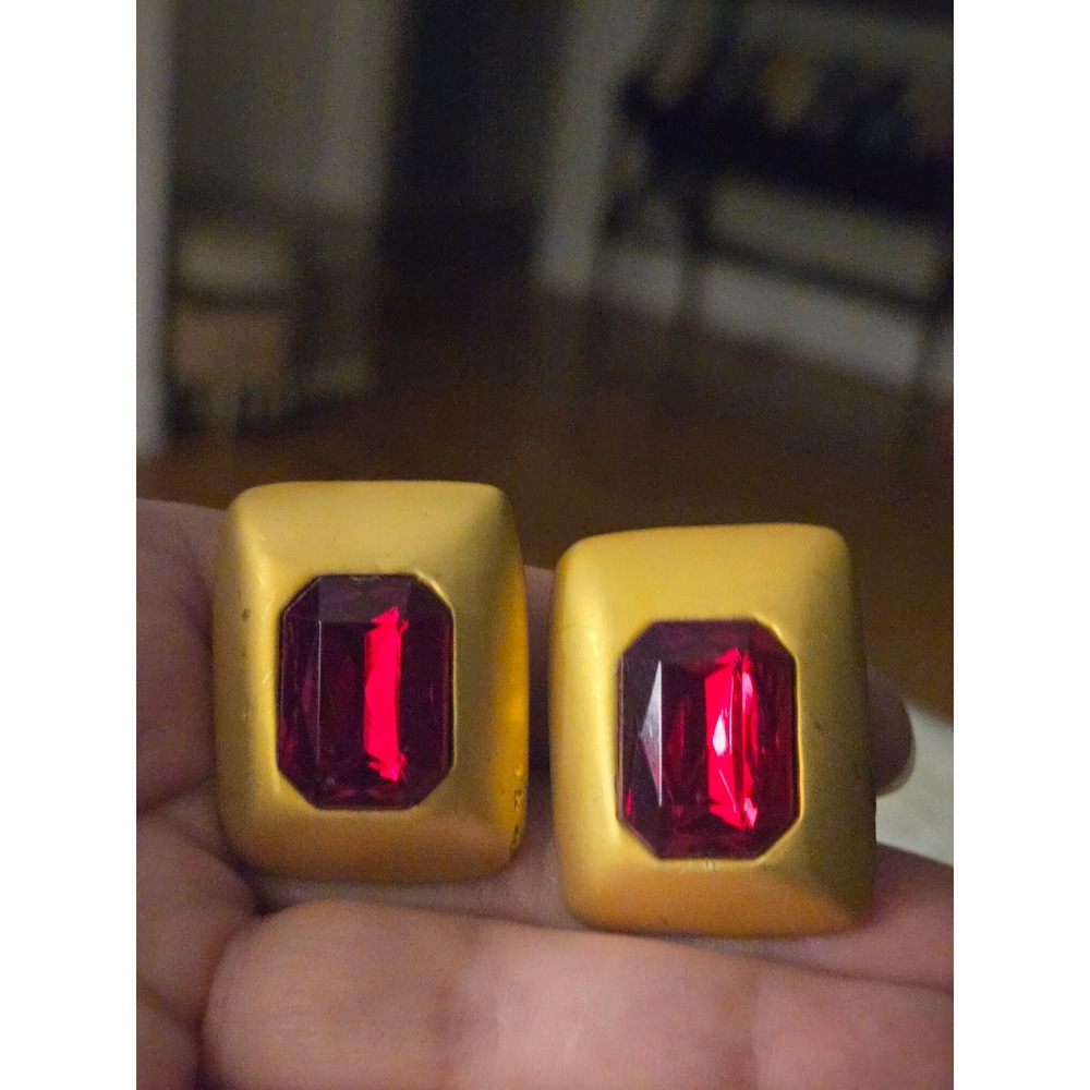 Red Rhinestones Bezel-set Earrings Satin Gold-tone Finish Vintage